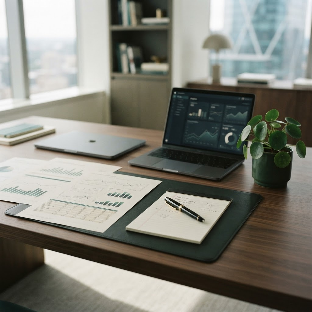 The PVOne Capital team collaborating in a modern office overlooking the city